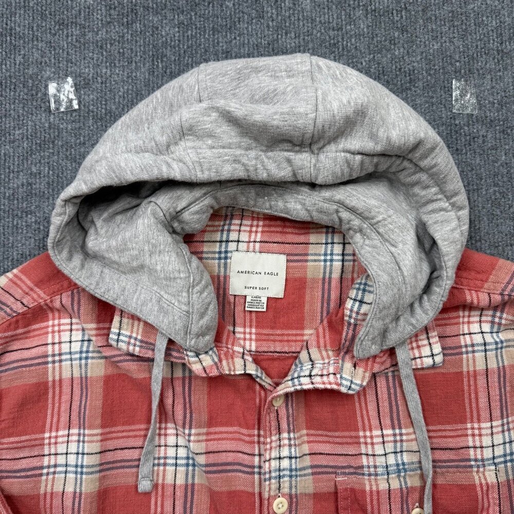 American Eagle Mens L Plaid Flannel Shirt Shacket Removeable Hood Cabincore Red - Picture 2 of 13
